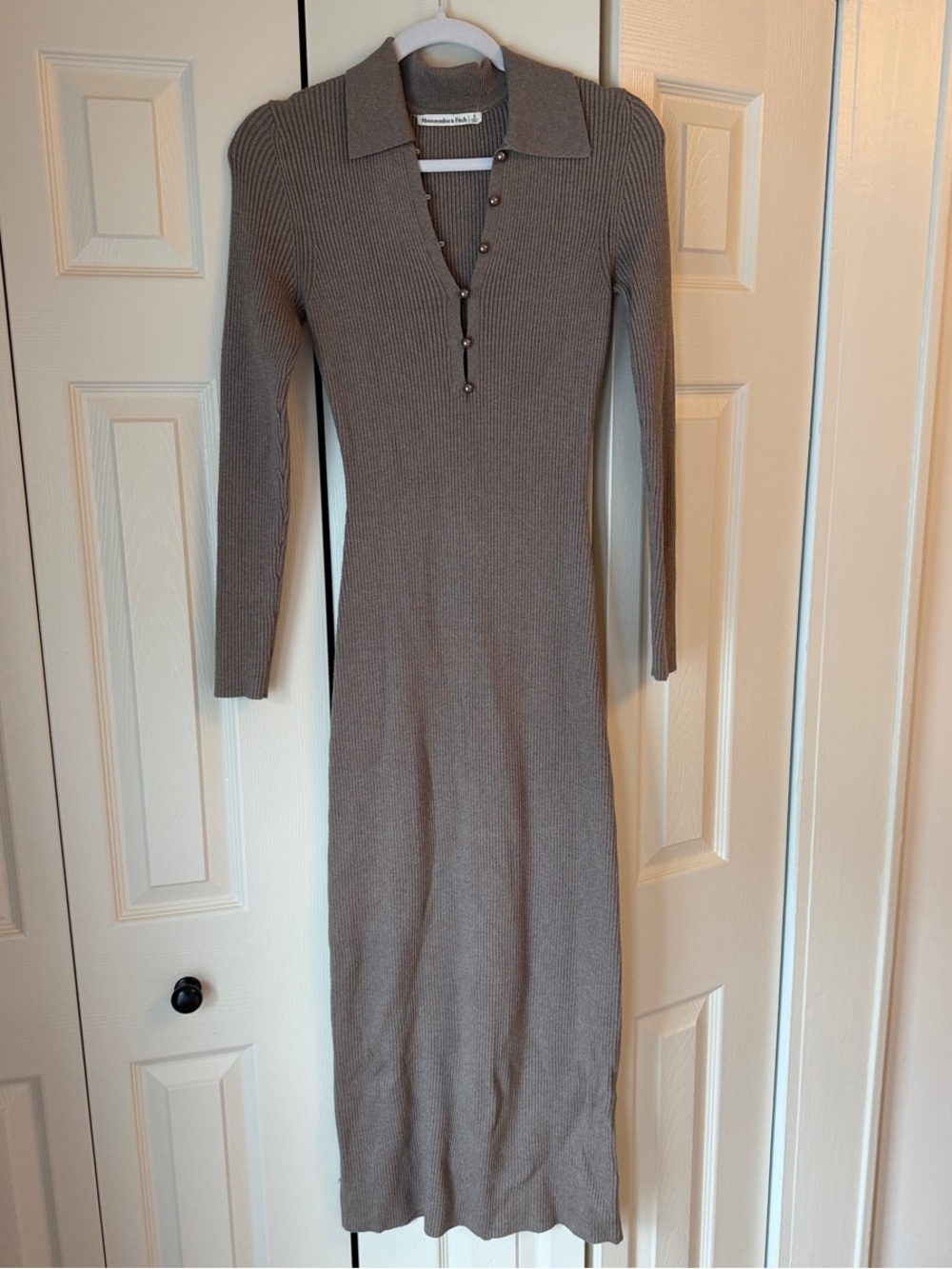 Abercrombie & Fitch Stretch Ribbed Polo Midi Dress in Taupe